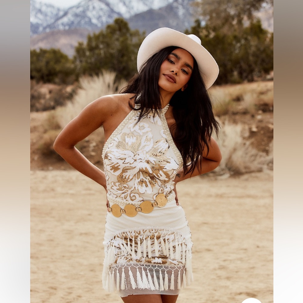 Like Gold Dust White Sequin Fringe Dress
